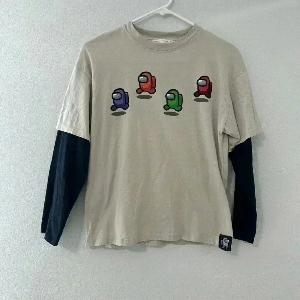 ZARA Kids Among Us Graphic Long Sleeve T Shirt Beige Black Size 11-12 Years